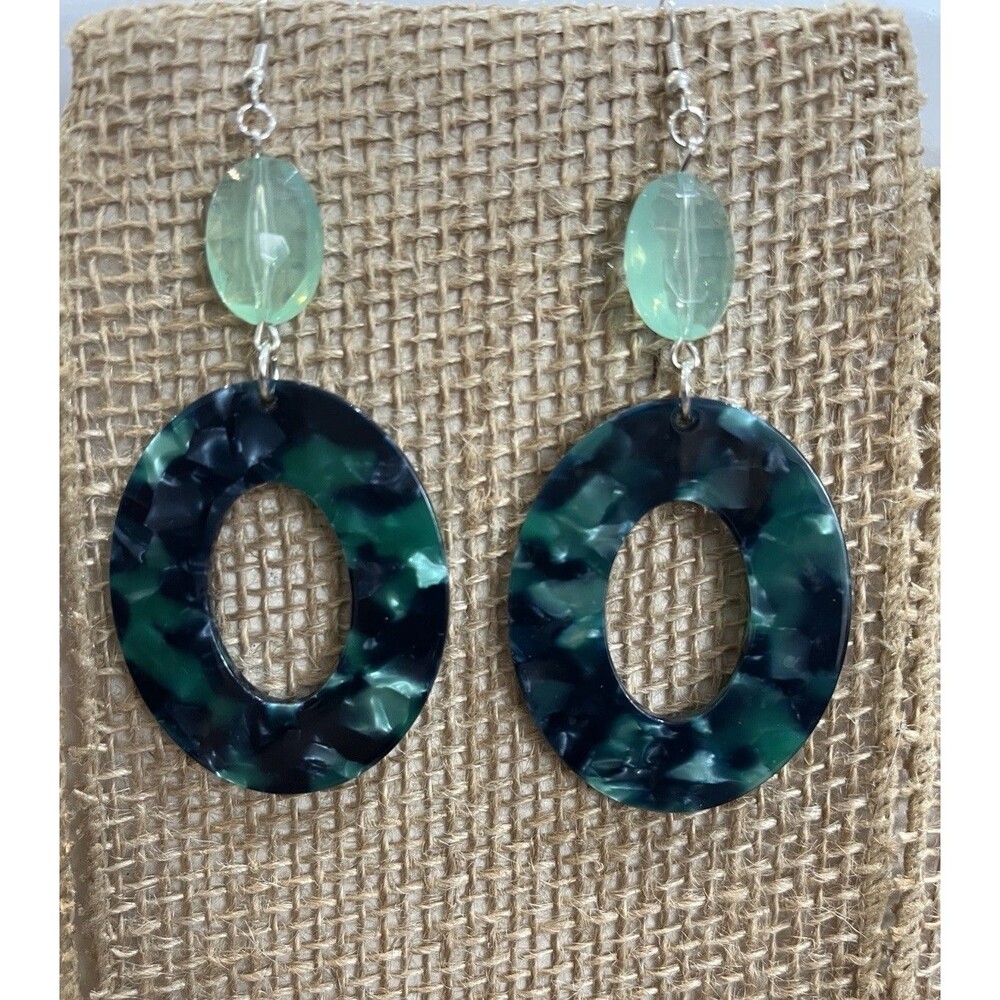 Vintage Artisan Crafted Plastics Green Marbled Resin Large Dangle Earrings